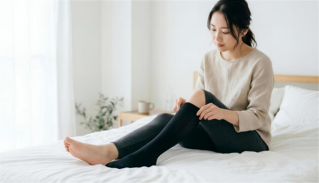 ベッドで着圧ソックスを履く女性