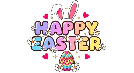 Obraz premium Happy easter graphic with bunny ears and egg on isolated white background