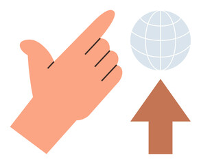 Fototapeta premium Global communication, teamwork, direction, technology, navigation, interaction. A hand gesture pointing towards a globe and arrow. Global communication and teamwork concept for modern solutions
