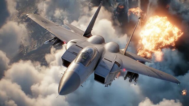 A powerful fighter jet streaks through the sky amidst an explosion, conveying a sense of intense action, strength, and dynamic innovation for use in m