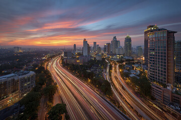Cityscape sunset with light trails on busy highway and modern skyscraper buildings under colorful sky, vibrant urban scene with dynamic motion and evening glow