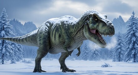Tyrannosaurus Rex in Snowy Forest Landscape.