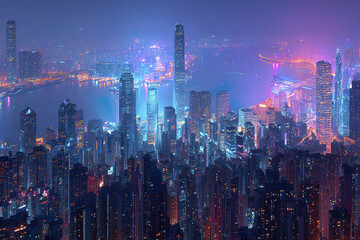 Obraz premium Aerial panoramic view of vibrant city skyline at night with illuminated skyscrapers and neon lights reflecting on water, creating mesmerizing urban atmosphere