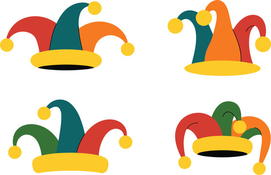 Jester hat collection for carnival, colorful clown headwear set, medieval joker hat, festive vector illustration
