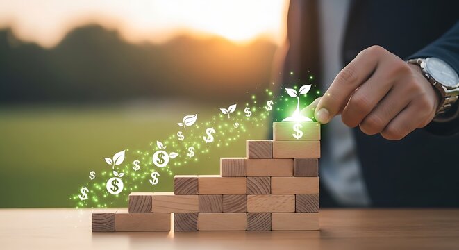 Businessman nurturing growth with wooden blocks and dollar symbols