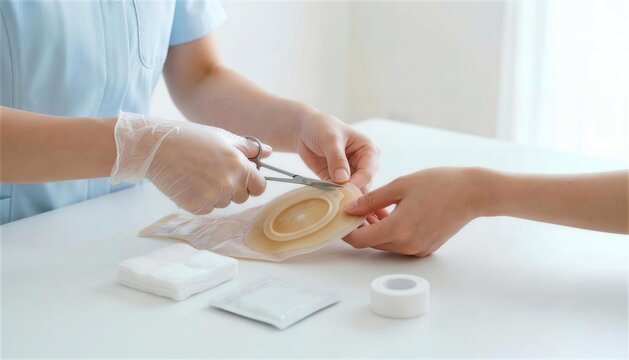 病院でストーマ装具（パウチ）をハサミでカットして準備する医療従事者の手元