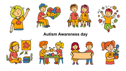 Naklejka premium Colorful illustrations of children with autism playing and holding awareness symbols
