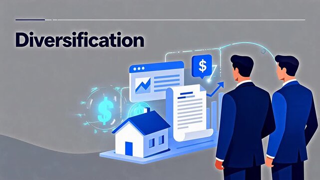 Two men observing financial diversification icons