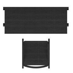 Obraz premium Top view white oak black water desk set showing desk surface, shelving layout, and stool placement. Functional dark wood workspace furniture for modern interior organization.