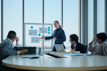 Fototapeta premium Young confident female company CEO explains finance and marketing investment analysis, discusses, and brainstorms with multiracial partnership team in meeting, business strategy report presentation.