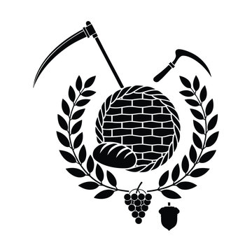 Black and white emblem with scythe hammer brick oven grape acorn and laurel wreath