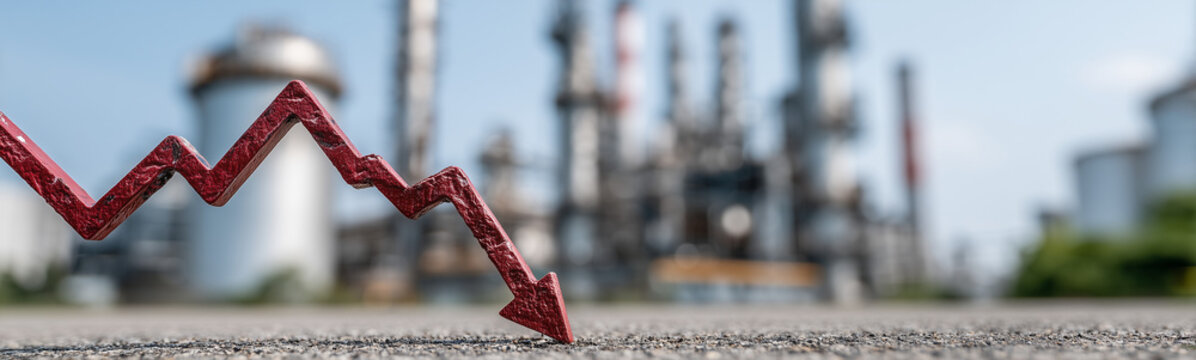 Falling Economy: A visual representation of economic downturn, with a red arrow dramatically pointing downwards in front of an industrial plant, evoking concerns about financial losses.