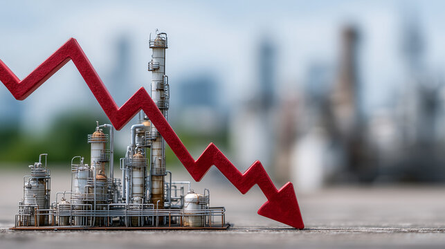 Economic Downturn: A symbolic depiction of financial hardship, highlighting the impact of market decline with a red downward arrow superimposed over an industrial backdrop.