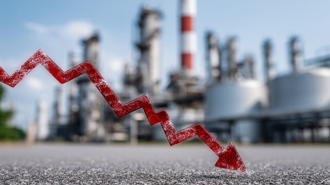 Economic Downturn: A symbolic representation of financial decline, with a sharp red arrow pointing downwards superimposed over an industrial backdrop, conveying a sense of economic instability.