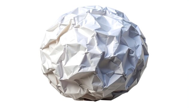 A close-up view presents a spherical form made entirely from crumpled, white paper. The texture displays intricate folds & shadows