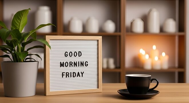 Cozy morning coffee setup with good morning friday sign
By RitaRuhi