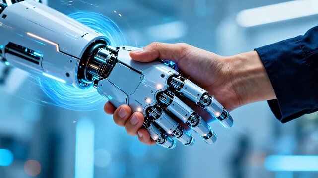 Human hand holding advanced robotic prosthetic arm in lab