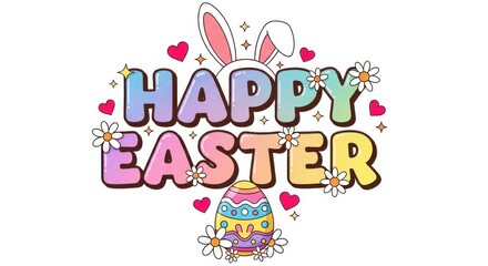 Naklejka premium Colorful easter eggs and text with bunny ears on white background