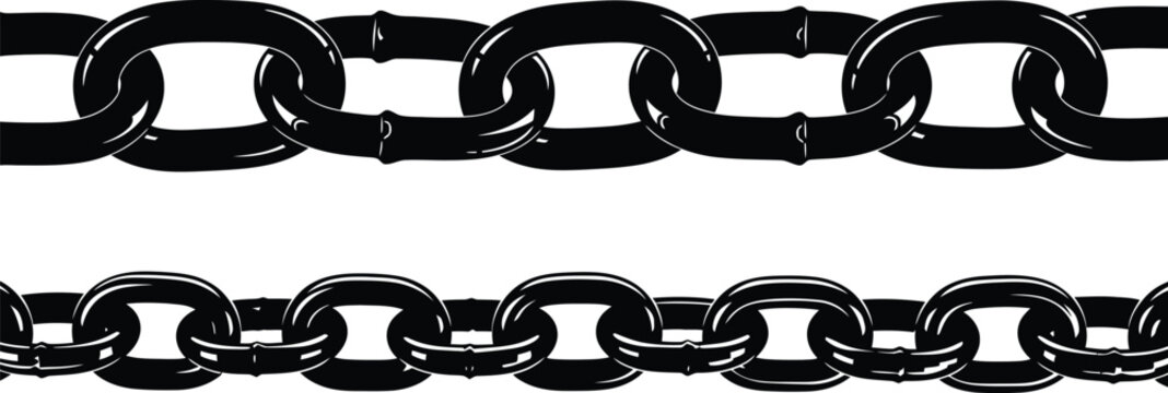 Two horizontal metal chains with thick black links isolated on a clean white background