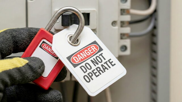 A gloved hand applies a red lockout tagout padlock and "DANGER DO NOT OPERATE" tag to an electrical switch, symbolizing safety, hazard prevention, and critical workplace protection.