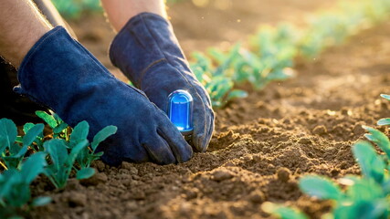 Hands with gloves planting a glowing blue device near seedlings in soil, symbolizing smart farming, environmental monitoring, and agricultural technology for sustainable growth.