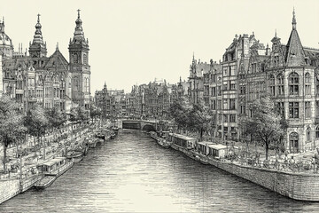 Fototapeta premium Black and white architectural city skyline sketch with river, historic buildings, boats, and trees along canal, capturing peaceful urban scene with detailed line art