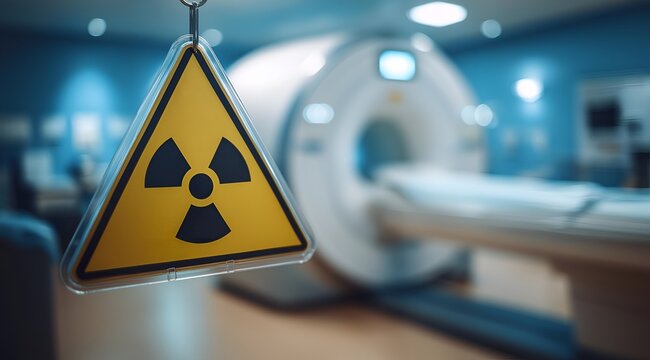 A warning sign in a medical imaging room, highlighting radiation safety precautions in a high-tech healthcare environment.
