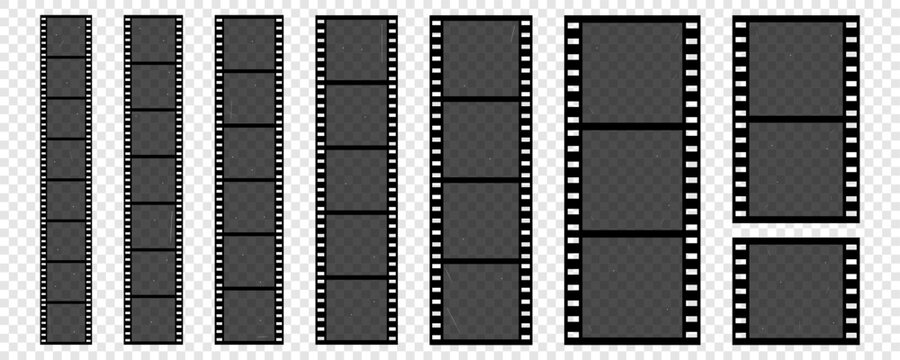 Black Film Strip Photo Reel Movie Frame Set. Cinema Filmstrip Border Kit. Photo and Film Camera Booth Roll Clipart. Vector Illustration in Png Transparent Background