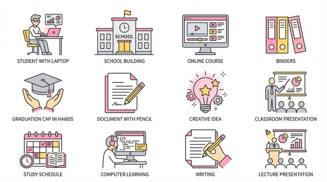 Education and Online Learning Colored Line Icon Set