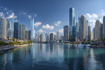 Fototapeta premium Chicago city skyline with modern glass skyscrapers reflecting on calm river water under bright blue sky with scattered clouds, creating peaceful urban atmosphere