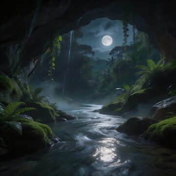 Moonlit Tropical Rainforest River Seen from Cave at Night with Lush Jungle Vegetation