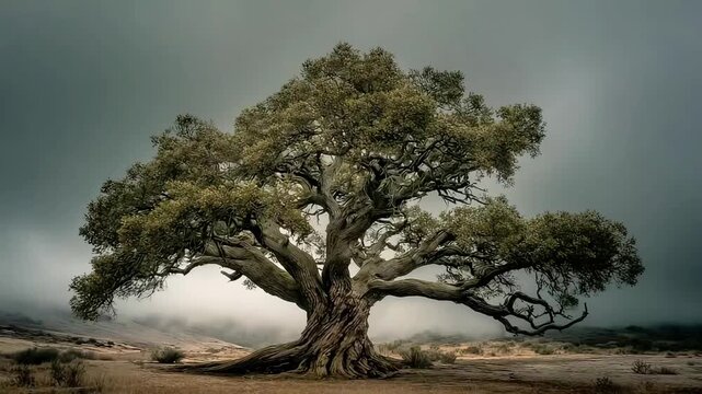 A solitary, weathered tree stands resilient against a moody, overcast sky. Evokes strength, perseverance, and a sense of quiet contemplation, ideal fo