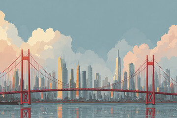 Fototapeta premium City skyline illustration with suspension bridge over water under cloudy sky, modern urban architecture with tall buildings reflecting on calm surface, peaceful atmosphere