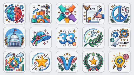 Fototapeta premium A collection of colorful flat design icons representing various concepts like global issues, policy, peace, government, development, innovation, and achievement.