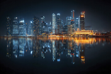 Fototapeta premium City skyline night panorama with skyscrapers lit up reflecting on calm water, modern urban architecture glowing with blue and orange lights creating serene atmosphere
