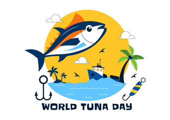 Obraz premium World Tuna Day Vector Illustration Featuring Jumping Tuna Fish Ocean Waves Fishing Boat Anchor And Marine Conservation Awareness Design