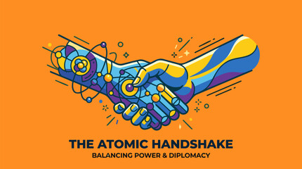 Fototapeta premium Stylized illustration of two hands shaking, one with atomic elements and the other with technological gears, representing a balance of power and diplomacy.
