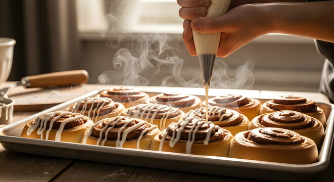 A close up view of hands using a piping bag to drizzle white sugar glaze over a tray of steaming fresh cinnamon rolls on a wooden surface