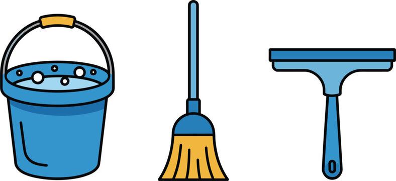Cleaning equipment set with water bucket, broom and window squeegee, professional sanitary service vector illustration