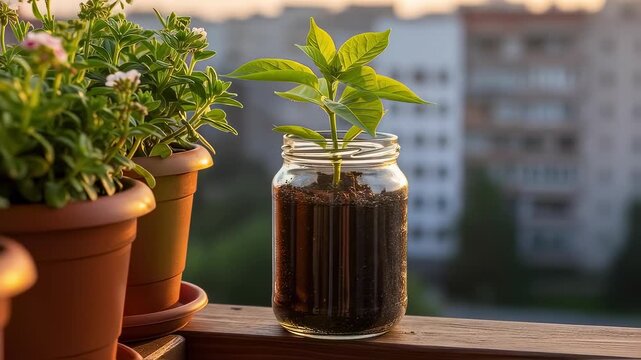 Small green sprout growing in a glass jar on a balcony. Urban gardening and sustainability concept. Potted plants on a wooden railing at sunset