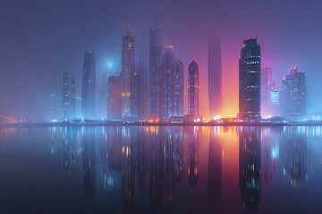 Fototapeta premium Cyberpunk city skyline at night with neon pink and blue light reflecting on calm water, futuristic skyscraper buildings glowing through misty atmosphere