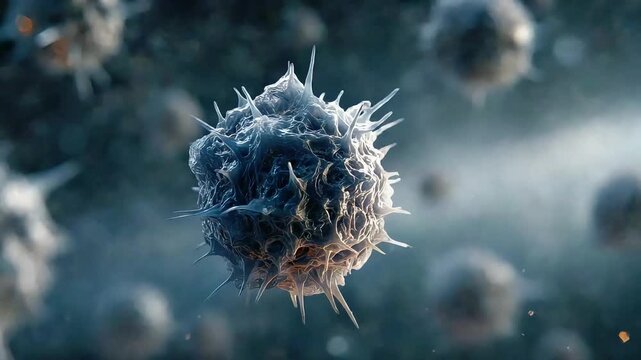 A detailed digital rendering of a virus particle, evoking a sense of mystery and potential threat, ideal for medical or scientific visuals and abstrac