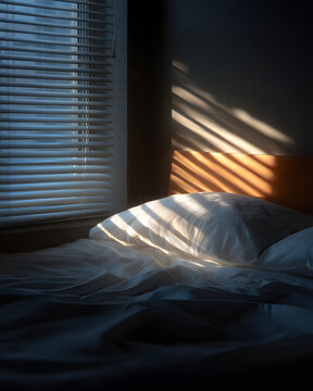 Dramatic morning light shadows cast across an empty bed with a soft white duvet and pillow by a window with Venetian blinds.