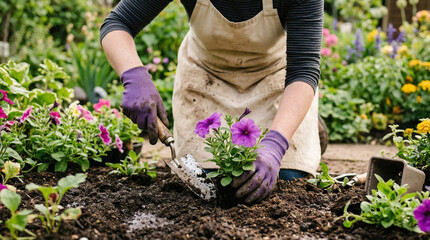 Fototapeta premium Planting flower seedlings in open soil in the garden. Gardener’s hands planting young flowers into the ground during spring gardening work. Concept of gardening, landscaping, horticulture, and seasona