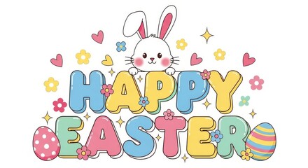 Obraz premium Colorful happy easter text with bunny and eggs on white background