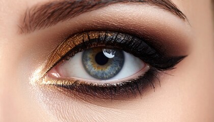 Fototapeta premium Glamorous golden and black eyeshadow with winged eyeliner on a striking blue eye