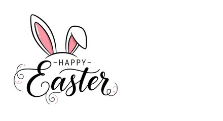 Easter bunny ears with happy easter text in elegant black cursive font on white background