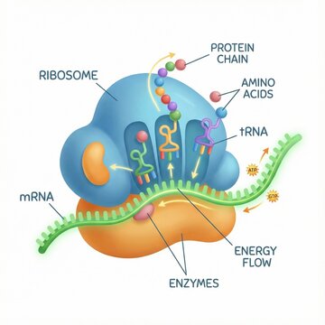 Ribosome protein synthesis mRNA translation and tRNA role in building the protein chain with enzymes