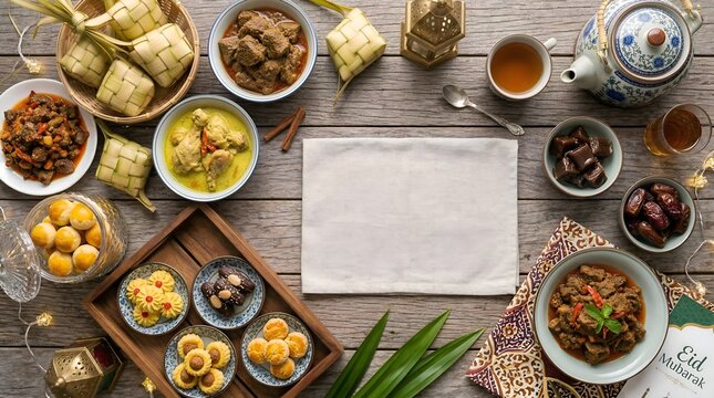 Traditional Malaysian and Indonesian Eid al-Fitr dishes and desserts on a rustic wooden table with a blank space for text.