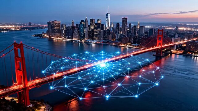 Cityscape with bridge and digital network